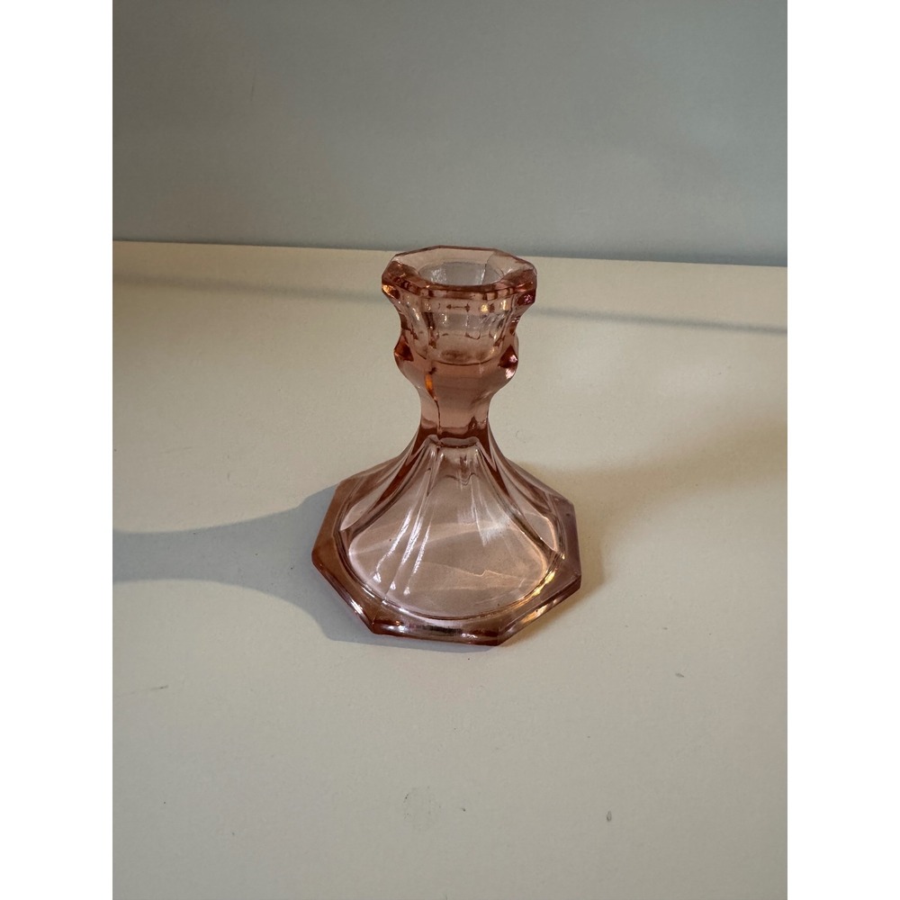 Vintage Pink Depression Glass Candlestick Holder Hexagonal Base Taper Stand 4in